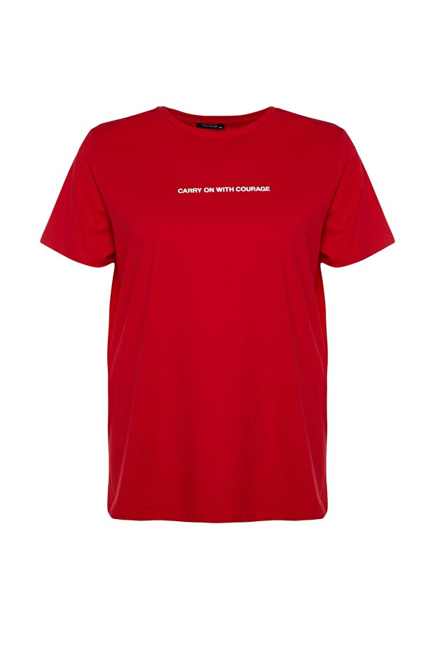 Rotes T-Shirt mit Rundhalsausschnitt aus 100 % Baumwolle in Übergröße – mit Slogan-Aufdruck TBBSS23BF00022 - 7