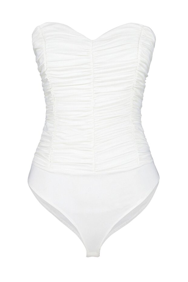 Ekru Astarlı Drapeli Çıtçıtlı Örme Body TPRSS23BD00027 - 1