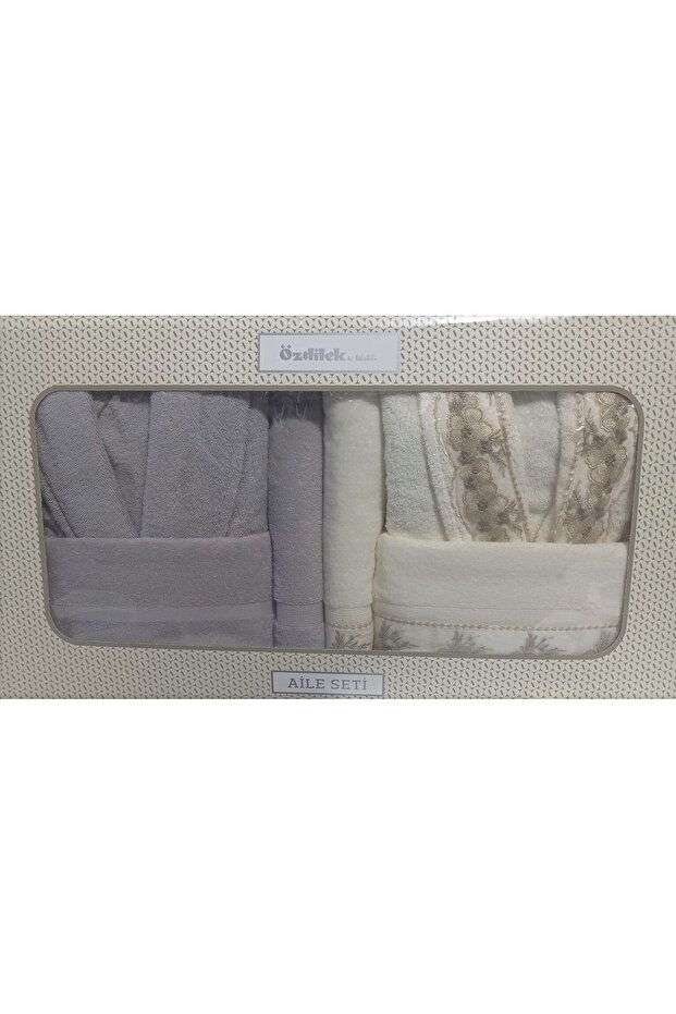 Ofelya A.gri - Cream Beige Guipure Bathrobe Set Family Set