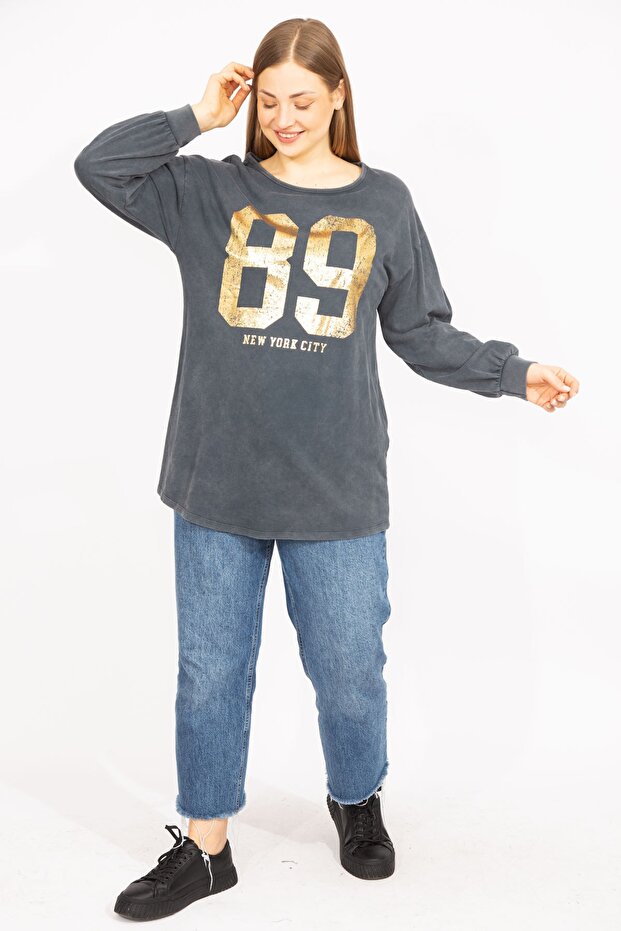 Women's Smoked Large Size Lacquer Printed Sweatshirt 65n35647
