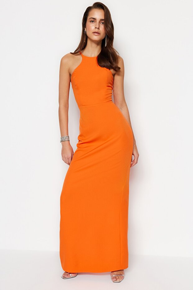 Tkané dlouhé večerní šaty s oranžovou podšívkou TPRSS23AE00151 - 4