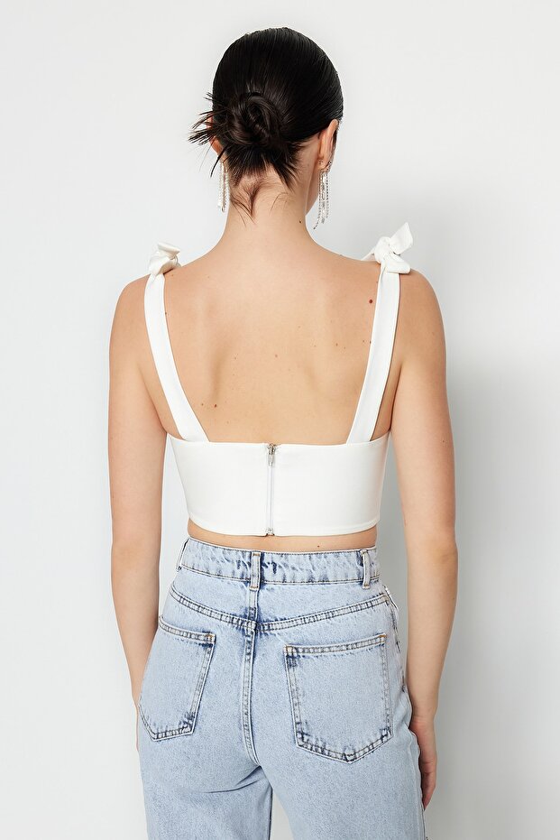 Ekru Crop Balenli Dokuma Büstiyer TPRSS22BS0024 - 6
