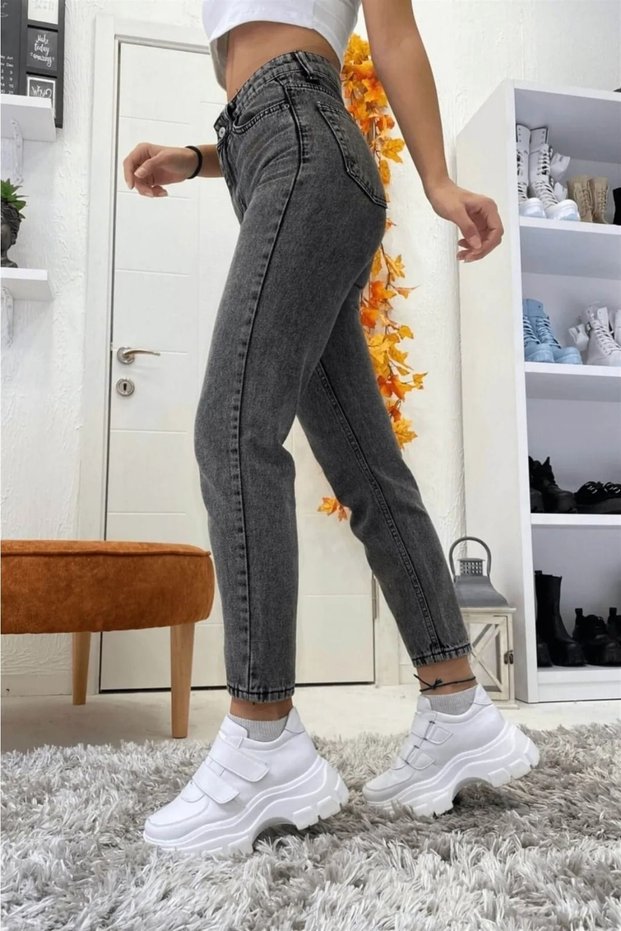 Women's Smoke Gray Color 100% Cotton Denim Fabric Mom Fit High Waist Jean