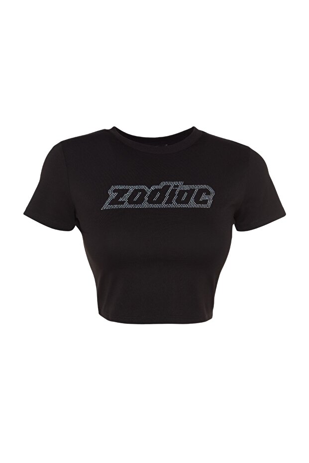 Siyah Taş Baskılı Basic Crop Bisiklet Yaka Pamuklu Esnek Örme T-Shirt TWOSS23TS00128 - 6