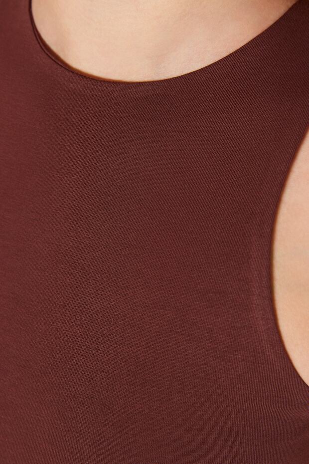 Kahverengi Pamuklu Halter Yaka Fitted/Vücuda Oturan Esnek Örme Atlet TWOSS23AL00069 - 3