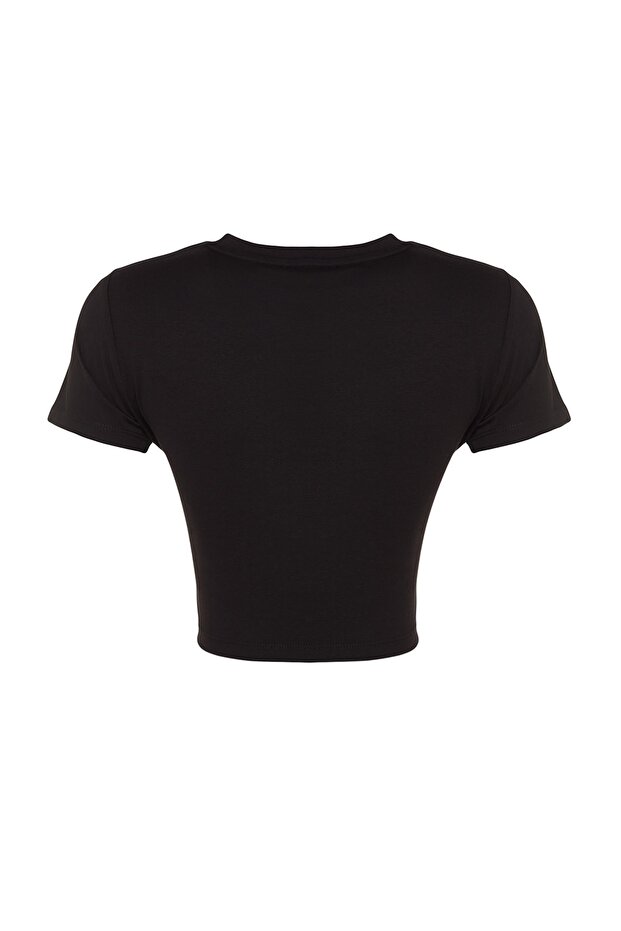 Siyah Taş Baskılı Basic Crop Bisiklet Yaka Pamuklu Esnek Örme T-Shirt TWOSS23TS00128 - 8