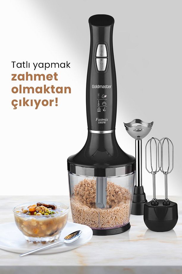 Fastmix Siyah 1000 Watt Sessiz Hız Ayarlı 3 In 1 Doğrama Karıştırma Blender Seti - 6