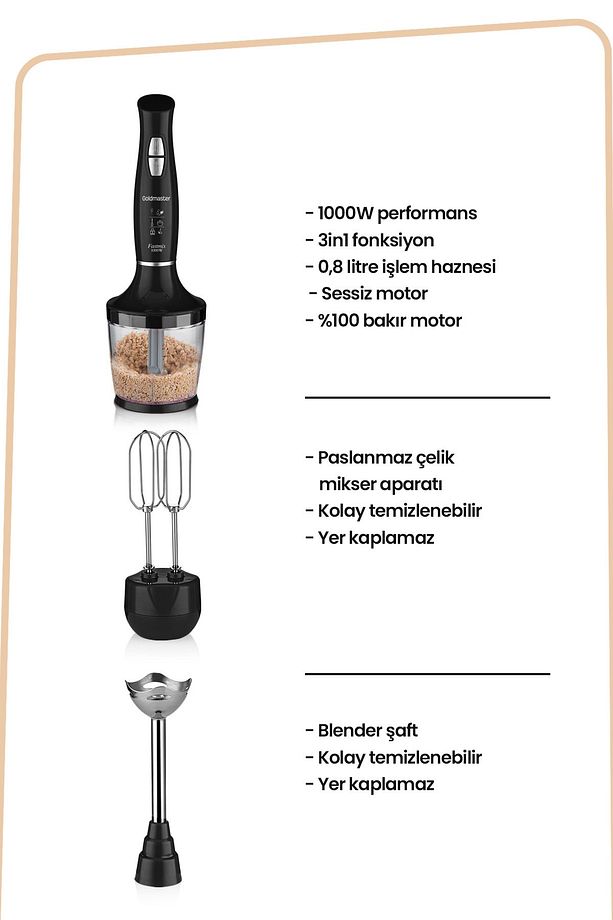 Fastmix Siyah 1000 Watt Sessiz Hız Ayarlı 3 In 1 Doğrama Karıştırma Blender Seti - 8