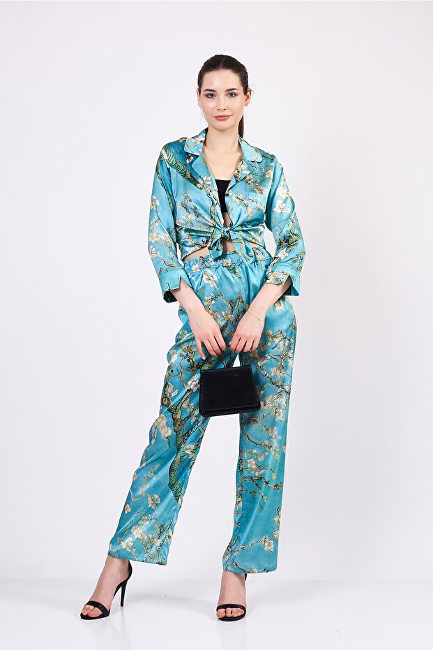 Pure Silk Shirt-Pants Set/Pajama Set| Turquoise Van Gogh Almond Tree| Nomads Felt