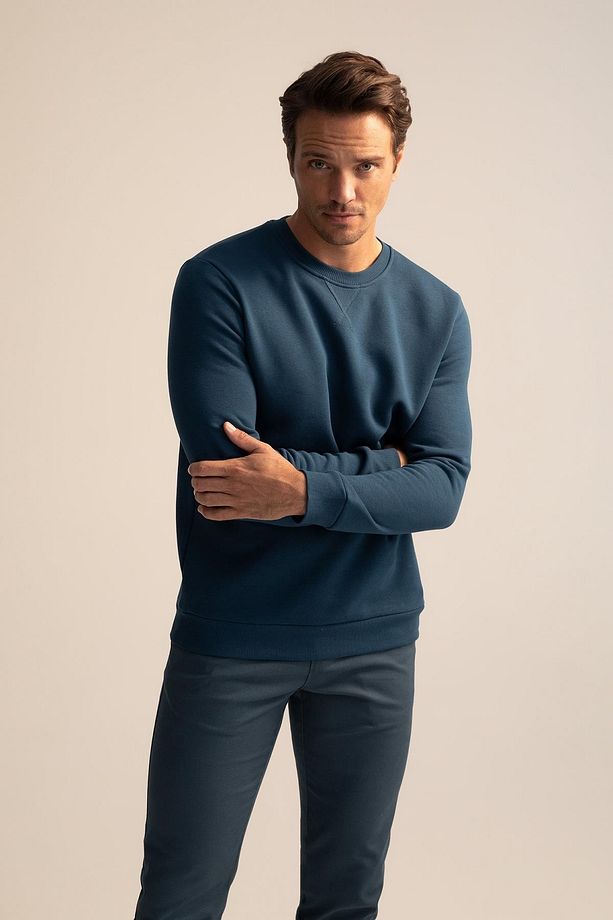 Regular Fit Bisiklet Yaka Basic Pamuklu Sweatshirt - 1