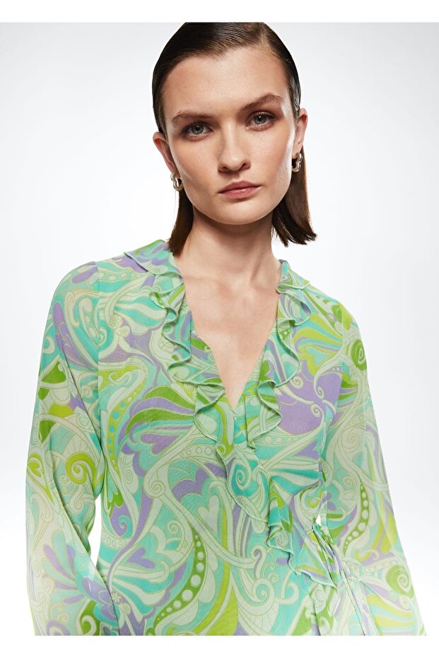 Volanlı Desenli Elbise - 7