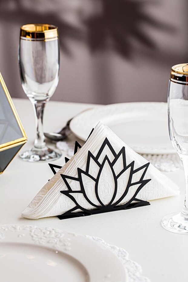 Lotus Flower 2 Motif Desktop Decorative Napkin Holder Towel Holder Black (Size:12 X 10)