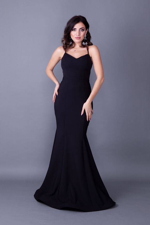 Women's Flexible Atlas Fabric, Low-cut Back and Tie Detailed Strap Black Maxi Dress 349