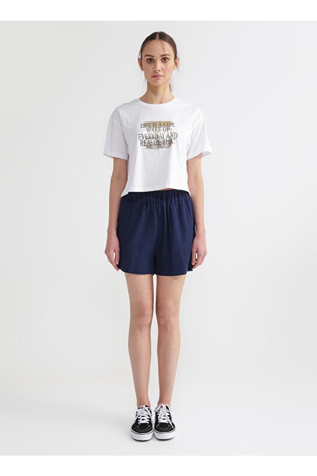 Lastikli Bel Basic Lacivert Kadın Şort Frankı - 3