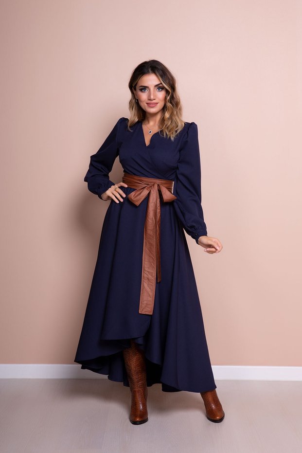 Women's Flexible Atlas Fabric Asymmetrical Cut Tan Belt Detailed Double Breasted Collar Navy Blue Maxi Dress 210