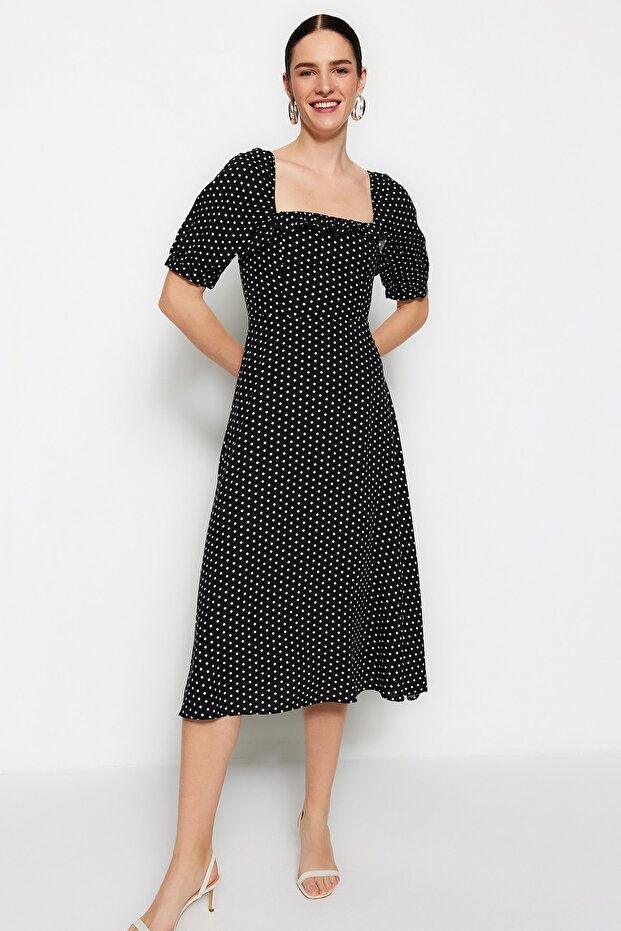 Black A-Line Midi Woven Ruffle Polka Dot Woven Dress TWOSS21EL0511