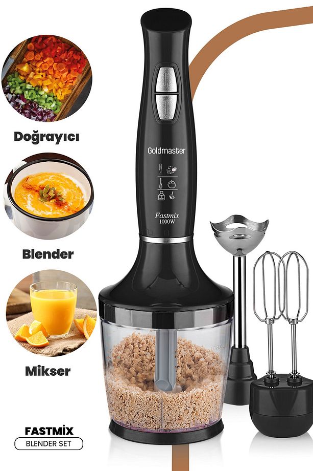 Fastmix Siyah 1000 Watt Sessiz Hız Ayarlı 3 In 1 Doğrama Karıştırma Blender Seti - 1