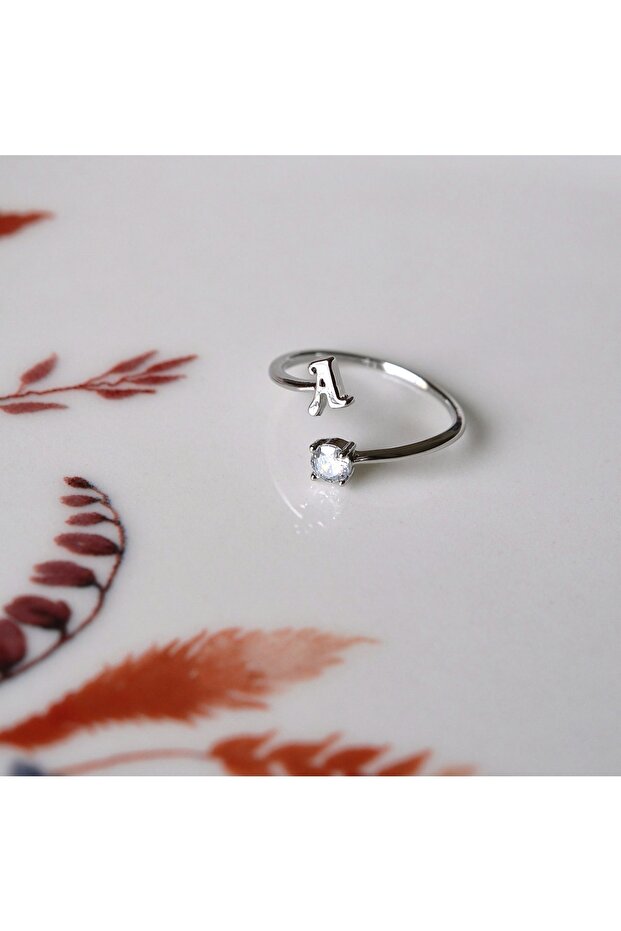 خاتم مفصل قابل للتعديل بحرف A لون فضي - 1