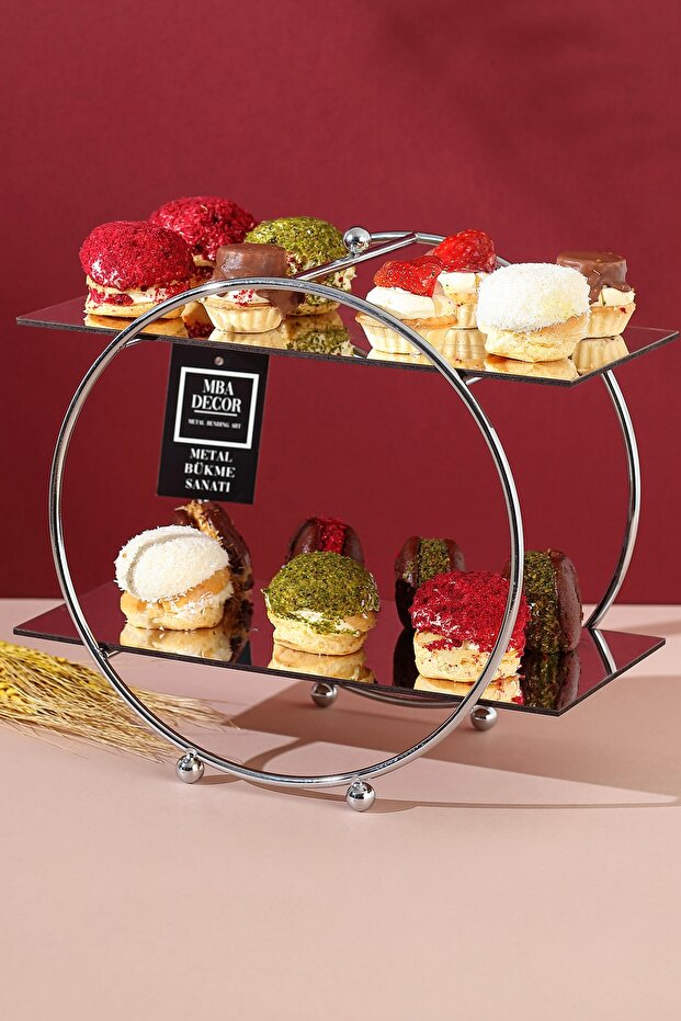 Round Silver Mirrored Coffee Side Serving Tray Gift Decoration Treat Organizer MDF Wood 26cm
