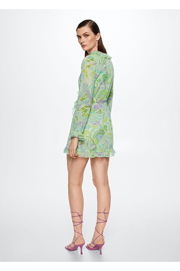 Volanlı Desenli Elbise - 4