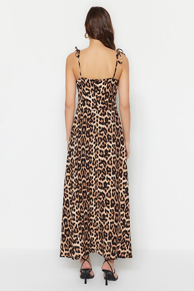 Camel Leopar Desenli More Sustainable Kruvaze Yırtmaç Detaylı Maxi Dokuma Elbise TWOSS23EL01892 - 7