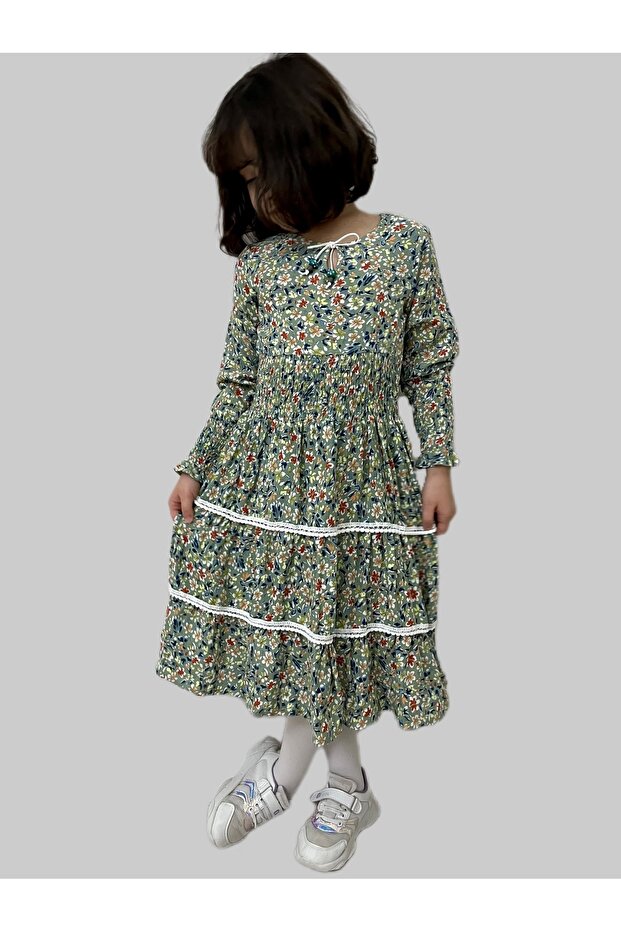 Girl's /long Sleeve Dress/ Floral Patterned /viscose Dress