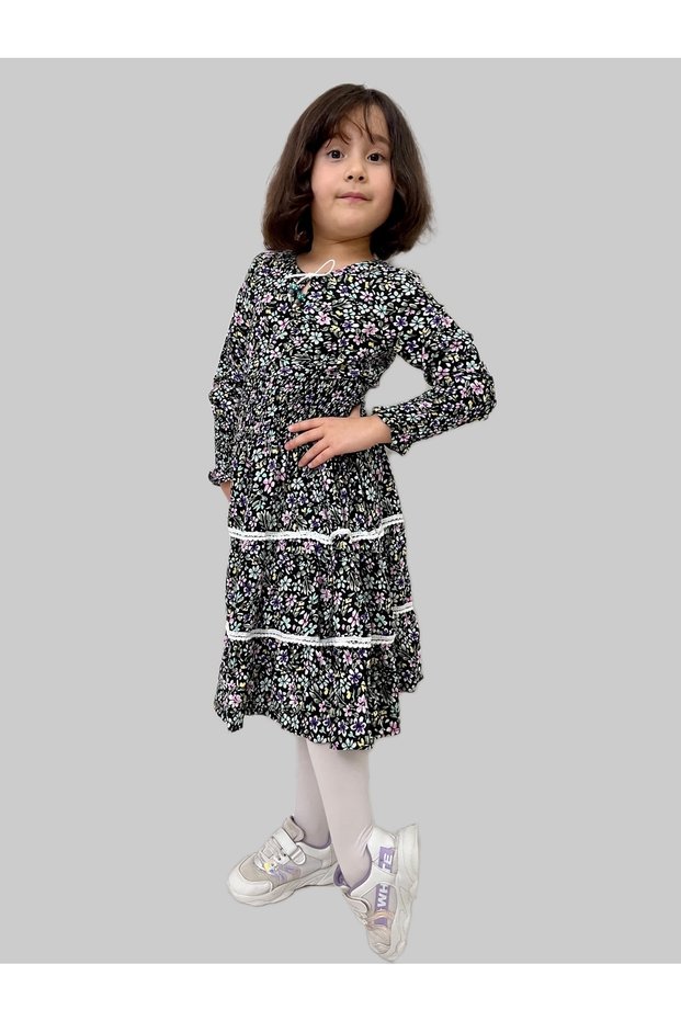 Girl's /long Sleeve Dress/ Floral Patterned /viscose Dress