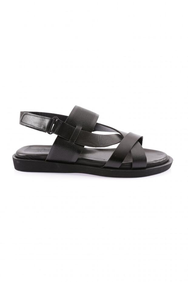 Men's Cross Strap Throw Sandals Black Vaketa Genuine Leather 21213218