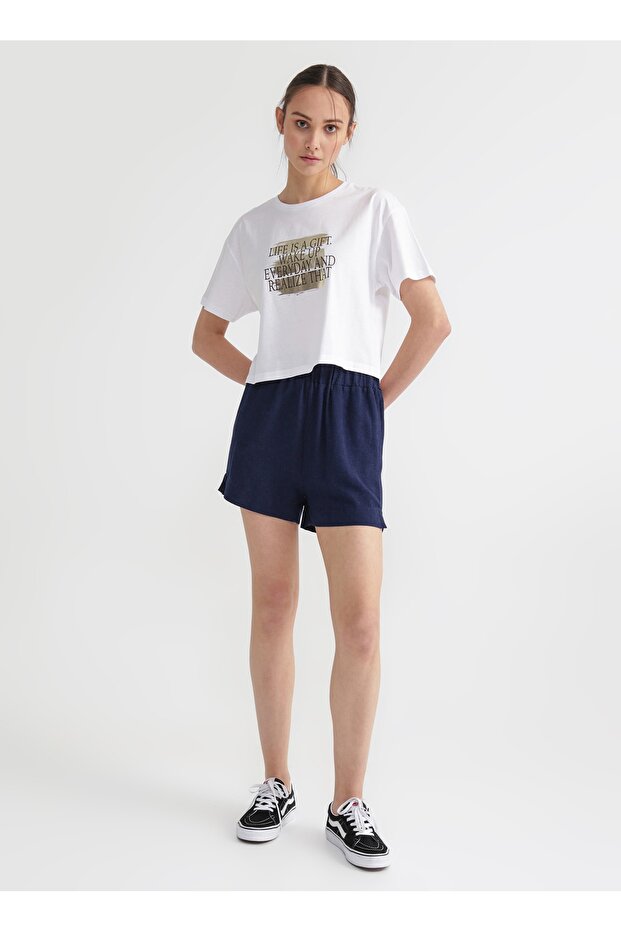 Lastikli Bel Basic Lacivert Kadın Şort Frankı - 2