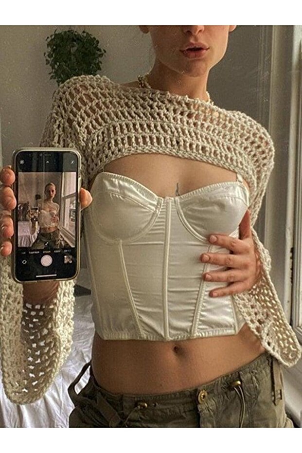 Crop Top Knit Bustier Long Sleeve Bolero Knit Top