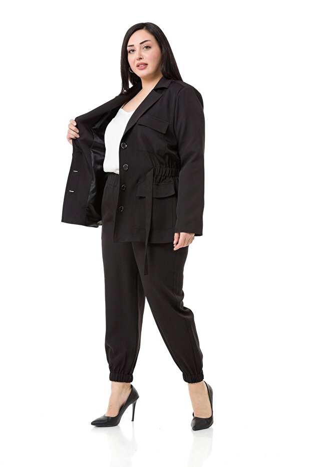 Plus Size Jacket Pants Lined Black Set - 4