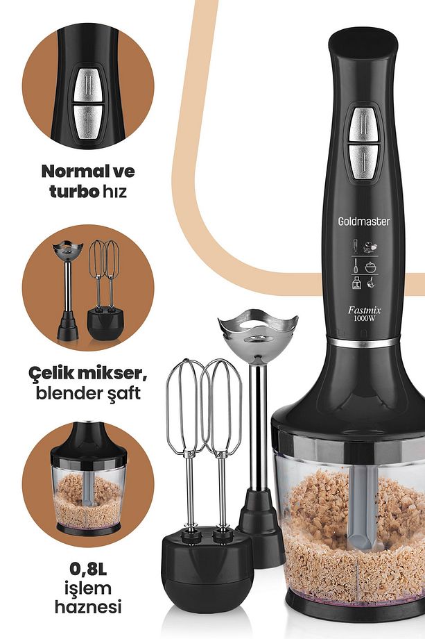 Fastmix Siyah 1000 Watt Sessiz Hız Ayarlı 3 In 1 Doğrama Karıştırma Blender Seti - 2