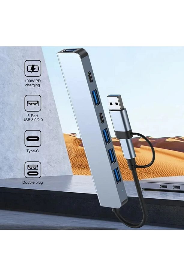 Alüminyum Usb Hub 7 In 1 Usb / Type-c To Usb A, Usb C, Usb 2.0 / 3.0 Çevirici Tak Çalıştır Usb - 3