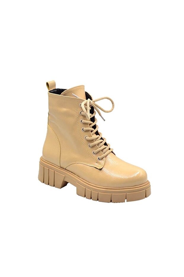 Women's Wrinkled Patent Leather Zippered Lace up Boots