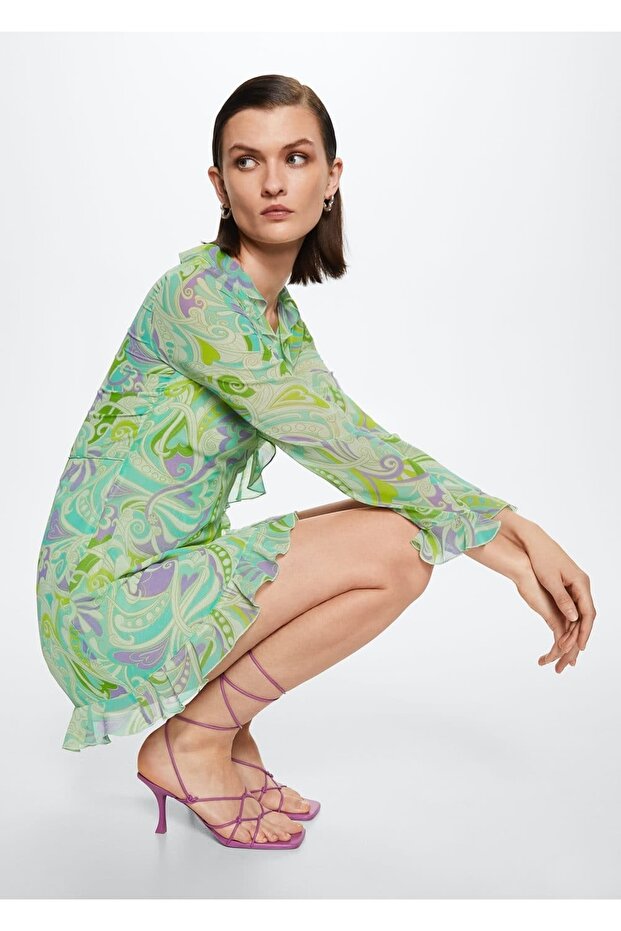 Volanlı Desenli Elbise - 5