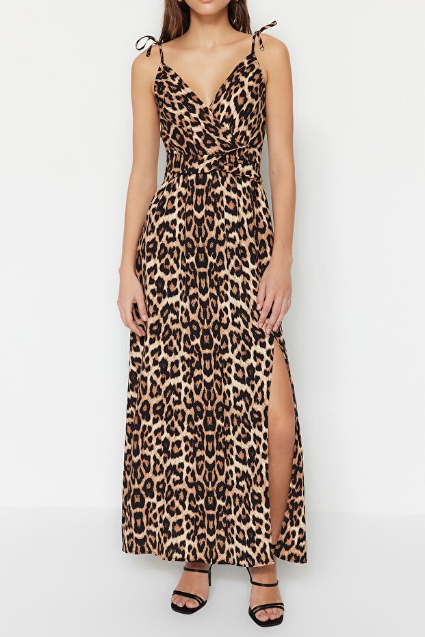 Camel Leopar Desenli More Sustainable Kruvaze Yırtmaç Detaylı Maxi Dokuma Elbise TWOSS23EL01892 - 5