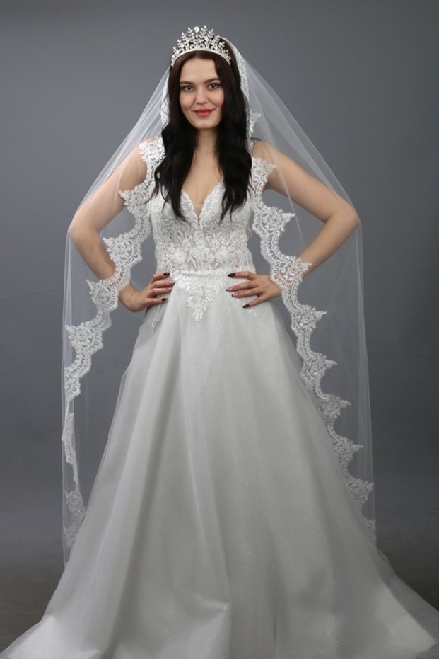 Long Wedding Dress Veil 3 Meters French Lace with Comb Off-White Color