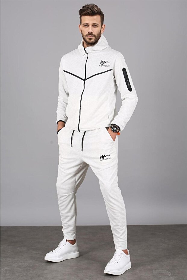 Ecru Hooded Jogger Men's Tracksuit Set 5673