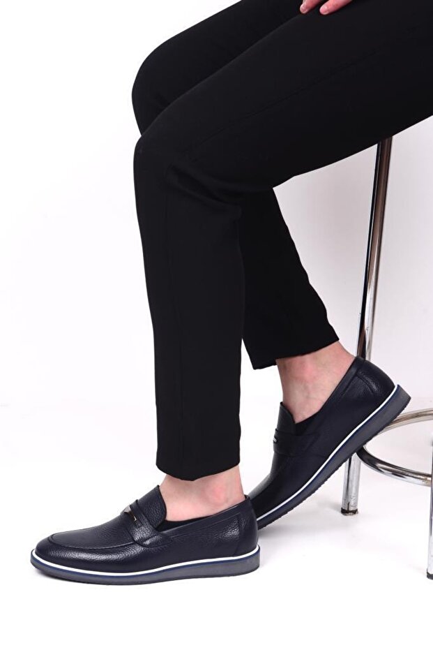 Men's Navy Blue Genuine Leather Loafer Shoes 493