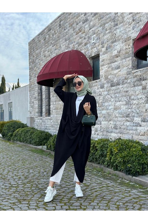Tesettür Çapraz Kanguru Tunik Siyah Model-417 - 5