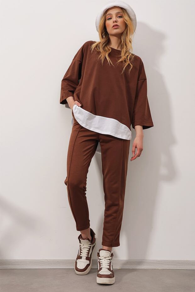 Women's Brown Wide Collar Top and Elasticated Waist Double Pocket Two-Thread Top and Bottom Set ALC-X8175
