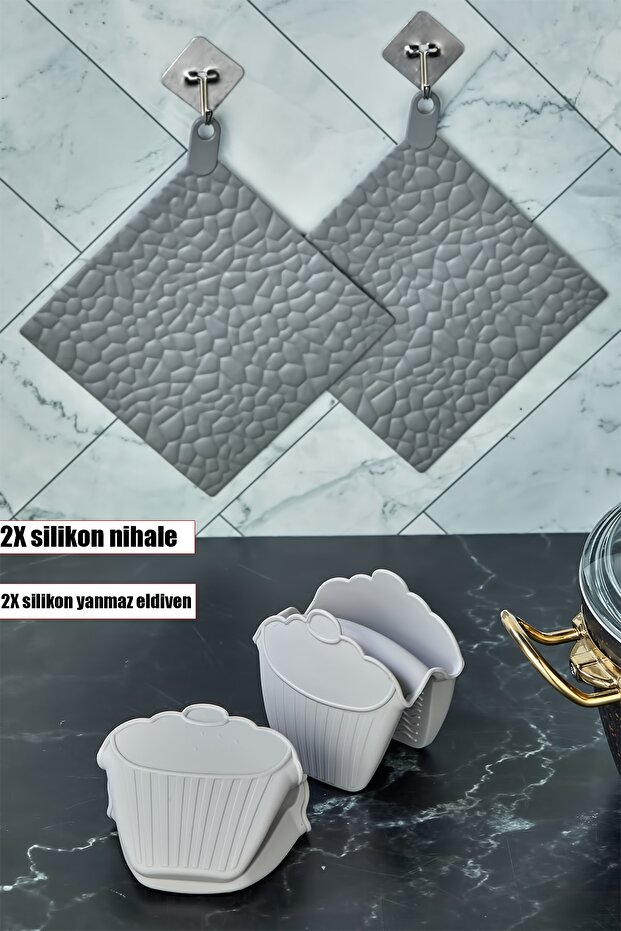 4 Lü Silikon Nihale Ve Eldiven Seti Gri - 1