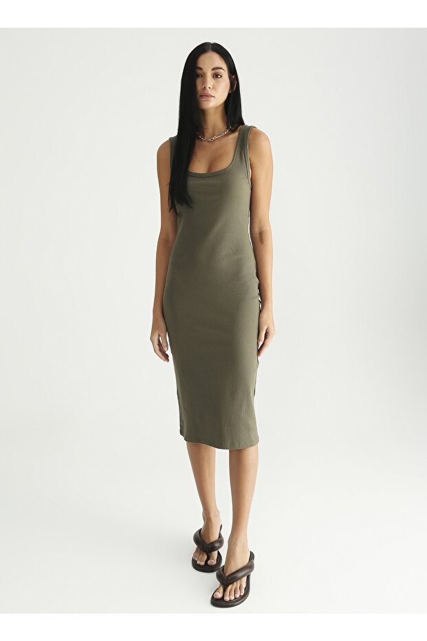 Haki Kadın Kare Yaka Basic Elbise MARSE - 1