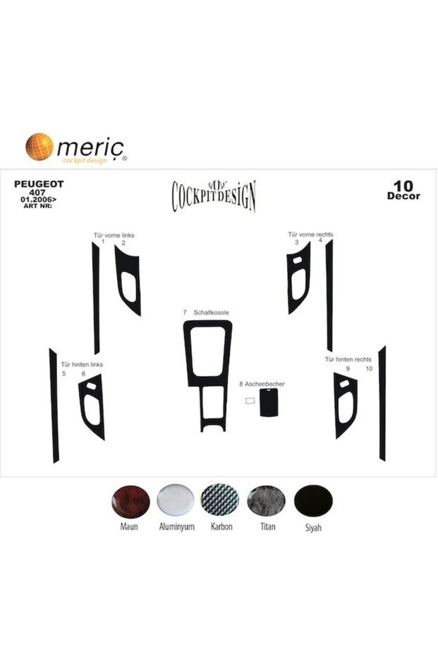 Meric® Peugeot 407 Front Torpedo And Doors Glossy Black 10 Parts 2005-2010