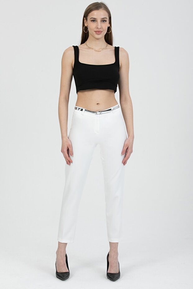 Women's White Belted Classic Fabric Trousers
