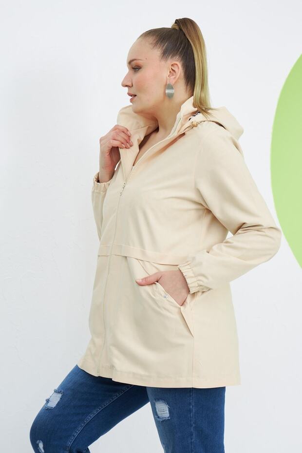 Plus Size Cream Trench Coat with Leopard Pattern Lining - 3
