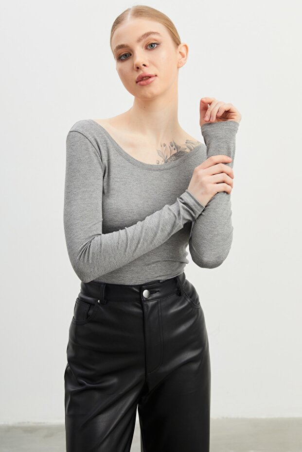 Women's Gray Princess Collar Long Sleeve Badi