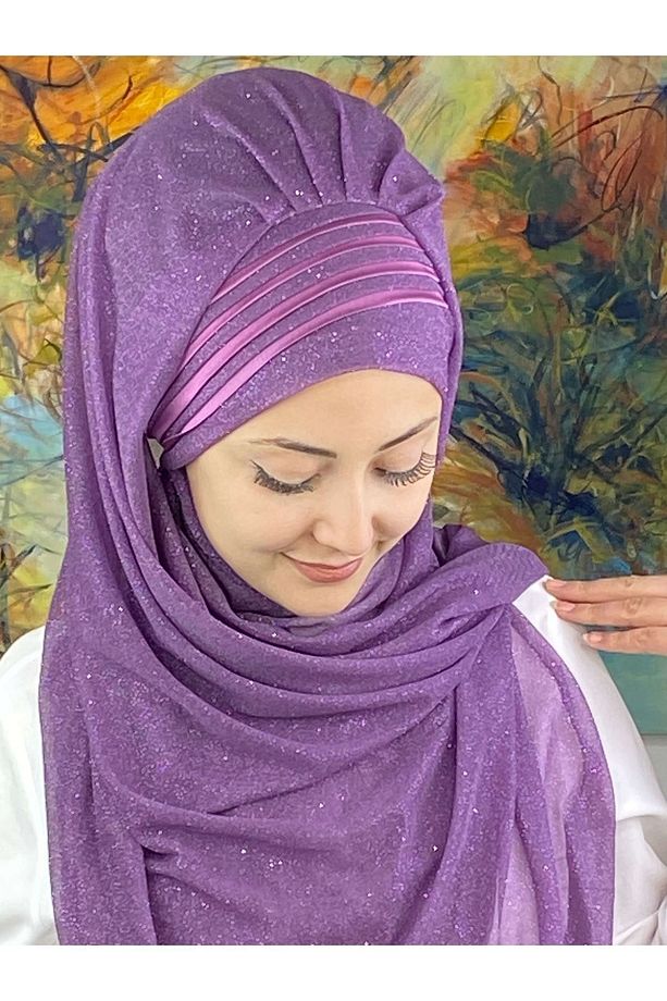 Saray Model Fransız Şifon Drapeli Simli Leylak Rengi Hazır Şal - 2