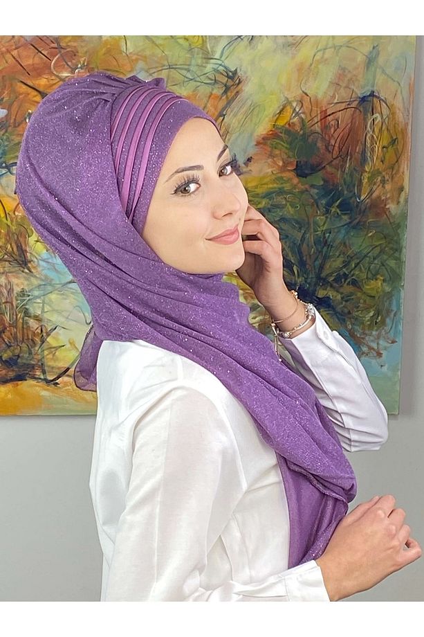 Saray Model Fransız Şifon Drapeli Simli Leylak Rengi Hazır Şal - 4