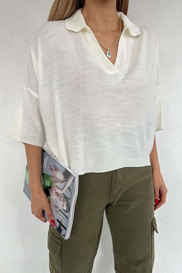 Women's White Polo Neck Oversize Knitwear Blouse